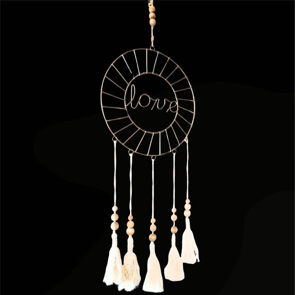 Love Wall Decor Gold Metal Hoop Dream Catcher Wood Beads Boho Tassels